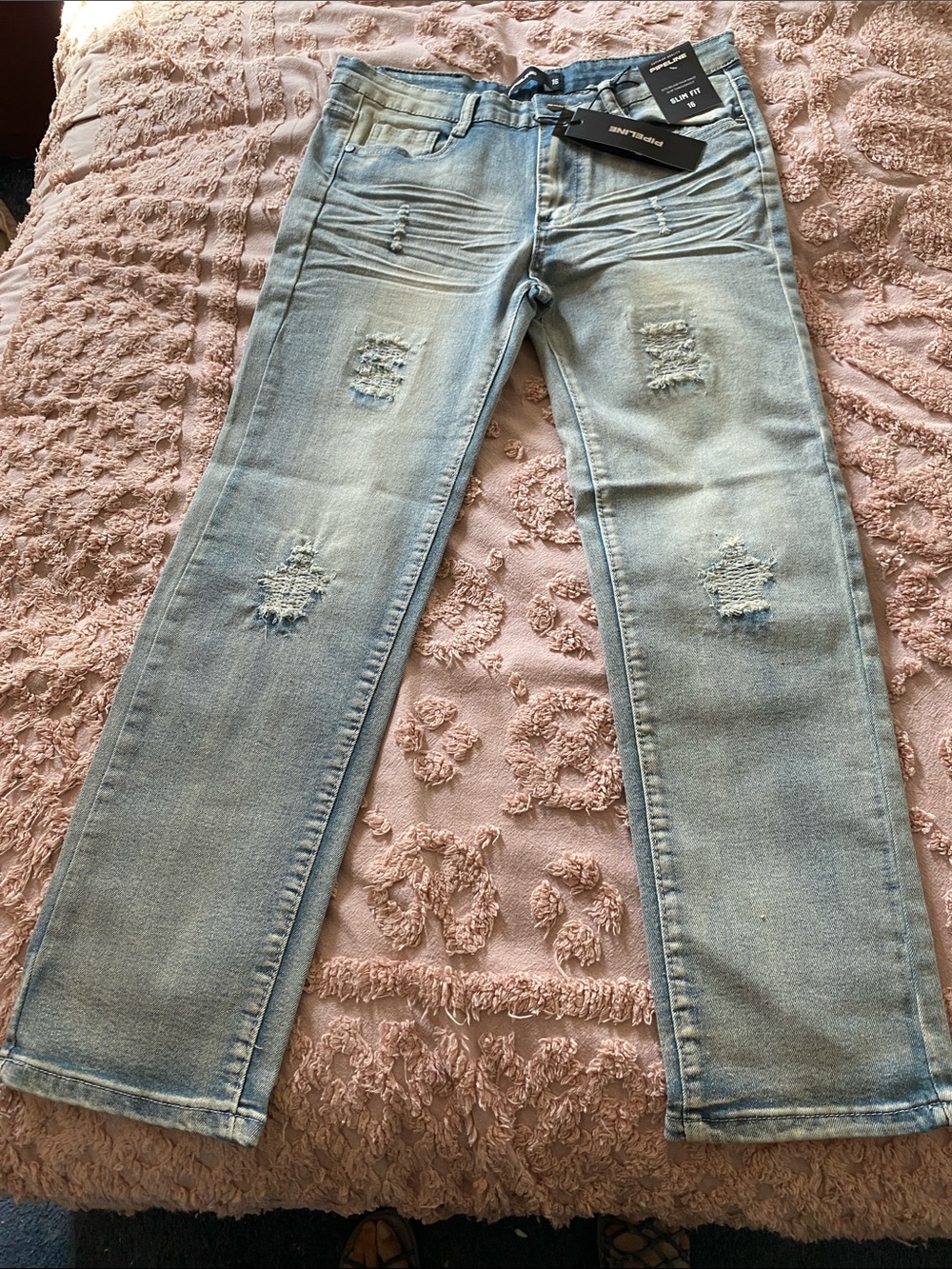 Light Blue Distressed Boys Youth Jeans - Casual Stretch Denim Size 16